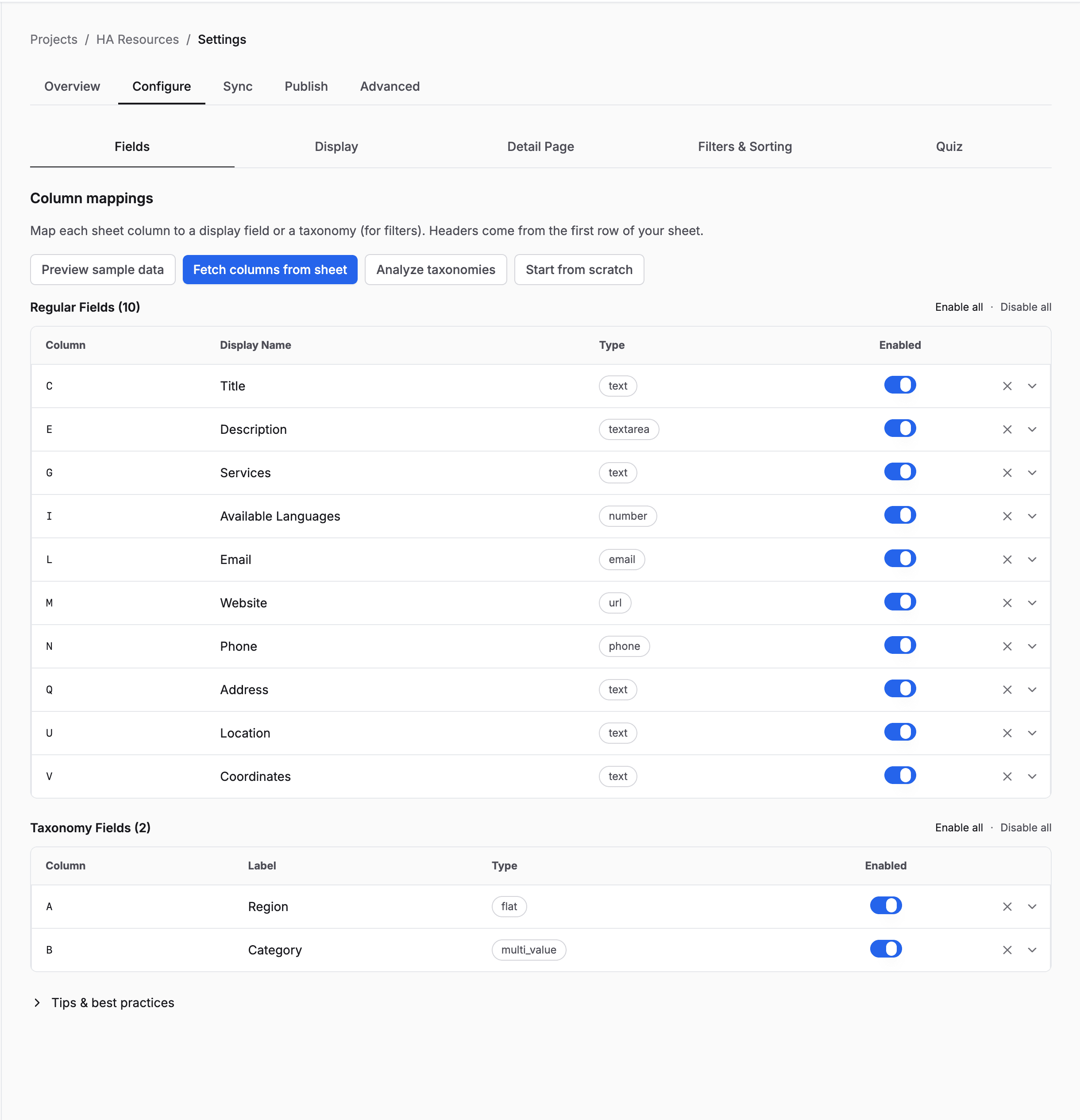 Flexible column-to-field mapping interface