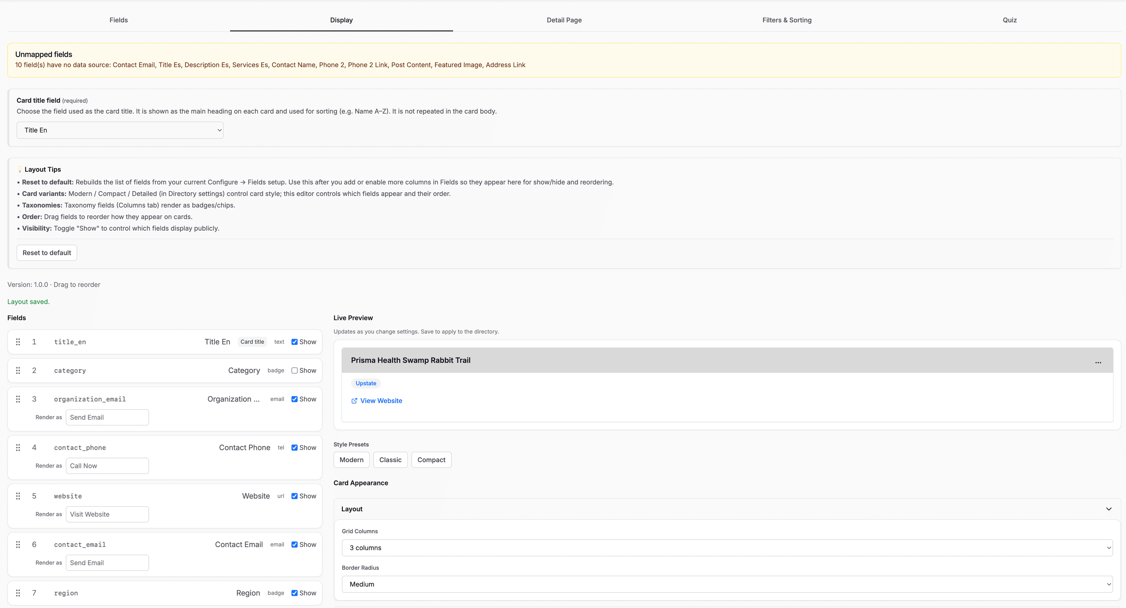 Visual layout designer with card and list options