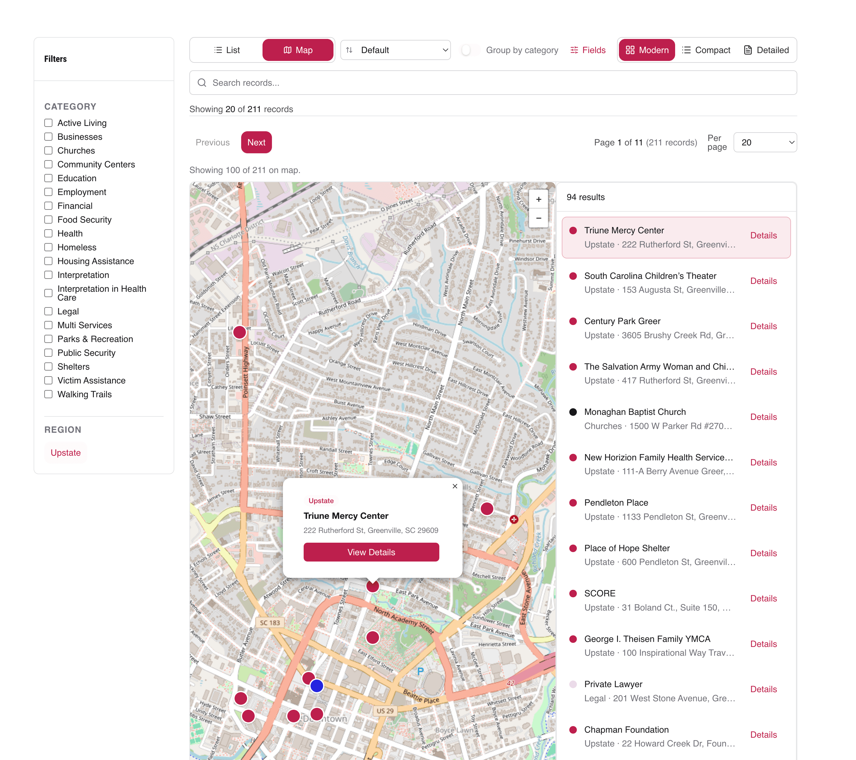 Interactive map view of directory records