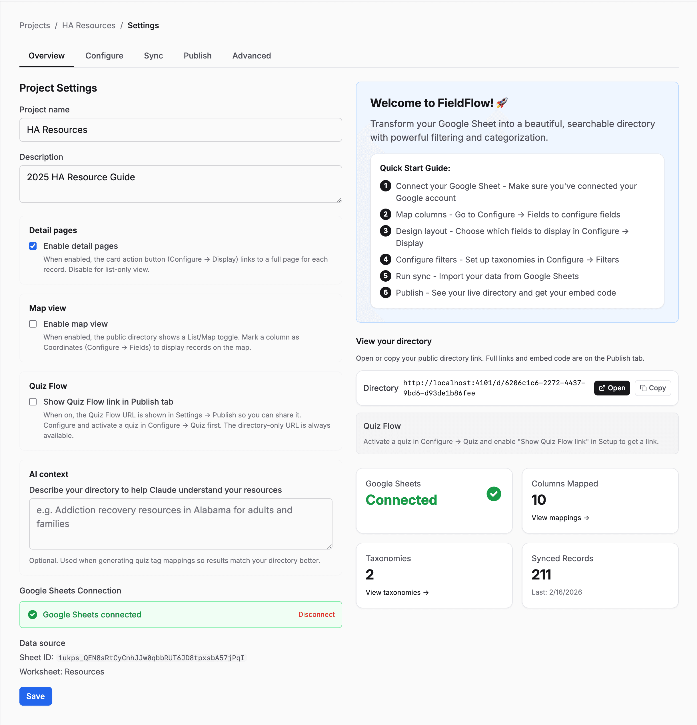 Project settings and Google Sheets sync in FieldFlow